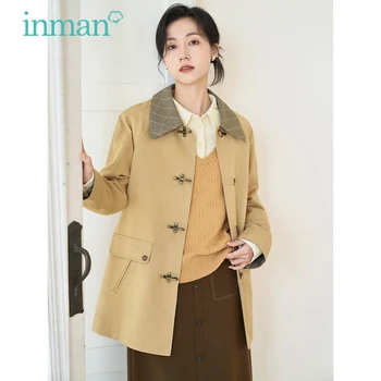 Женское пальто INMAN, Весна 2023, Длинный рукав, свободная куртка с лацканами в стиле пэчворк в британском ретро стиле, Уникальный дизайн пуговиц, Элегантная верхняя одежда