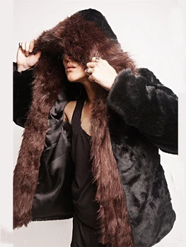 Зимнее теплое пальто с капюшоном из искусственного меха, куртка из лисьего меха, Зимняя кожаная куртка с капюшоном