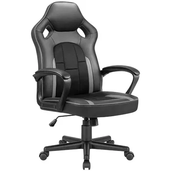 Игровое кресло Офисное Кресло из Искусственной кожи с высокой Спинкой, Регулируемая Высота, Эргономичный Компьютерный стул в Гоночном Стиле с поясничной поддержкой (серый)