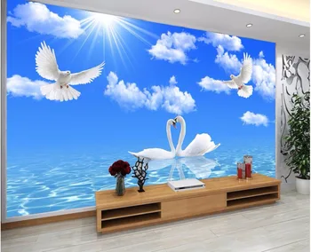 Изготовленная на заказ фреска фото 3d обои Голубое небо и белое облако голубь лебедь декор комнаты живопись 3d настенные фрески обои для стены 3 d