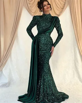Изумрудно-зеленые Велюровые Вечерние платья с пайетками, Элегантные 2023, Вечерние платья Русалки с длинными рукавами, Дубай, женское вечернее платье