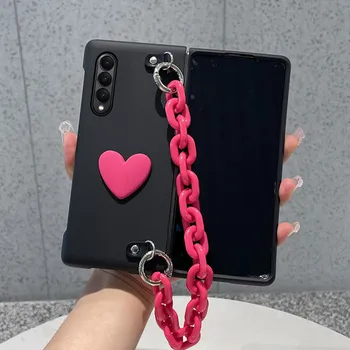 Корейский розово-красный браслет на руку с цепочкой Love Heart из матовой кожи, противоударный чехол для Samsung Galaxy Z Fold 5 4 3 2 zfold4 5G
