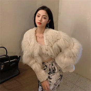 Корейское женское меховое плетеное пальто из меха бобра, кролика, енота, Плетеное пальто из меха енота, зимнее роскошное теплое пальто с V-образным вырезом