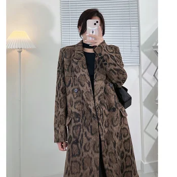 Коричневое пальто Хепберн средней длины С леопардовым принтом на зиму 2023, двубортный Длинный Шерстяной Тренч, Модный Для подиума