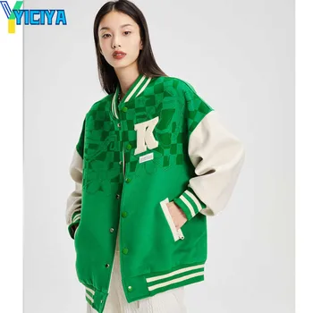 Куртка-бомбер YICIYA, женская новая верхняя одежда, университетские куртки, зеленый y2k, винтажная гоночная бейсбольная куртка американского размера оверсайз, женская одежда