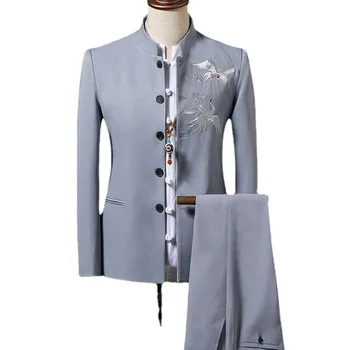 (Куртка + брюки) Мужской Костюм с воротником-стойкой в Китайском стиле, приталенный комплект, Мужской блейзер Zhong Shan, Куртка, Пальто, Брюки, Брюки 2 шт
