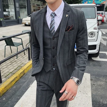 (Куртка + жилет + брюки) мужской Новый модный бутик, Повседневный деловой мужской костюм в полоску, свадебное платье жениха, смокинг для выступлений