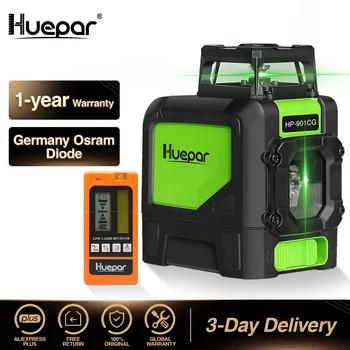 Лазерный уровень Huepar Green Beam Cross Laser Самовыравнивающийся на 360 Градусов с 2 режимами Pluse + Цифровой ЖК-лазерный приемник Huepar Детектор