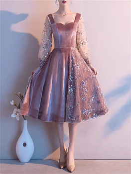 Минималистичное коктейльное платье принцессы для вечеринки по случаю Возвращения домой, вырез в виде сердечка, длинный рукав чайной длины, бархат с пайетками