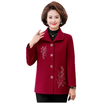 Модное шерстяное пальто с вышивкой 2023, Весенне-осенняя женская куртка для матери среднего возраста, однобортная верхняя одежда, топы
