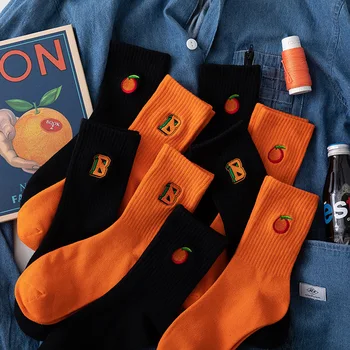 Модные женские носки с оранжевыми фруктами, черно-оранжевые Повседневные уличные носки для скейтбординга для девочек Harajuku Calcetines
