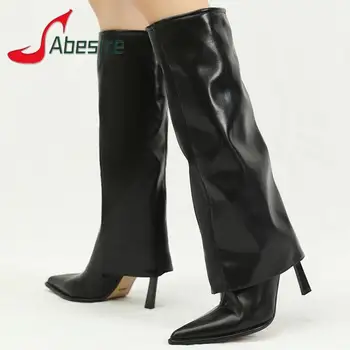 Модные кожаные женские ботинки с острым носком в британском стиле с боковой молнией На тонком высоком каблуке, зимние пикантные офисные туфли для вечеринок