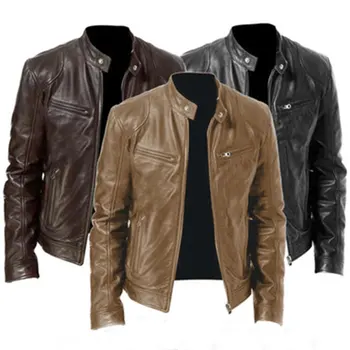 Мотоциклетная куртка, Мужская приталенная куртка с коротким воротником, Куртки из искусственной кожи, Зима-осень, ветрозащитное кожаное пальто на молнии