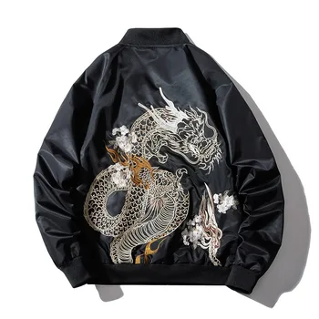 Мужская бейсбольная куртка с вышивкой Дракона, хип-хоп куртка-бомбер, мужская куртка Harajuku, японское ретро Пальто, Модная уличная одежда, осень