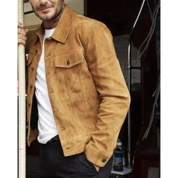 Мужская мужская коричнево-коричневая замшевая кожаная рубашка с джинсовой рубашкой, куртка, мужская куртка