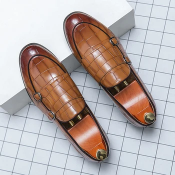 Мужская обувь Monk С пряжкой из искусственной кожи с каменным узором, Однотонная Модная обувь на низком каблуке, Дышащие деловые официальные Лоферы