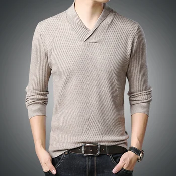 мужские модные теплые свитера с V-образным вырезом и длинным рукавом, мужские 2023, новинка, осень-зима, однотонная повседневная дикая трендовая нижняя рубашка 9776
