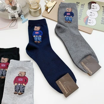 Мужские носки с мультяшным джентльменом и медведем, хлопковые носки для скейтборда Harajuku, Новинка, дышащие носки Sox, Рождественский подарок носки calcetines носки