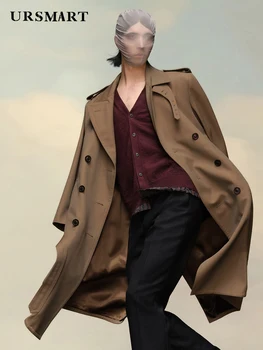 Мужской тренч средней длины с большим отворотом из хлопка и двубортный британский тренд, мужская модная куртка с утолщенной шерстяной подкладкой