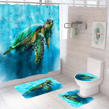 Набор занавесок для душа с морской черепахой, коврик и аксессуары для ванной комнаты, Набор занавесок для душа в морском стиле с крючком, прочная водонепроницаемая ткань
