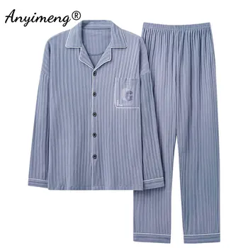 Новая осенне-зимняя однотонная мужская пижама из трикотажного хлопка Синего цвета с длинным рукавом, Длинные брюки, пижама, кардиган с отложным воротником, пижамы