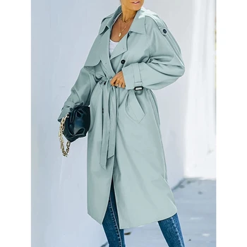 Новейшее весенне-осеннее женское Двубортное Приталенное длинное пальто-тренч Классического покроя с Длинным рукавом и ветрозащитным поясом