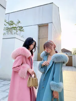 Новинка 2023, женское шерстяное пальто из натурального меха, винтажное корейское удобное роскошное шерстяное пальто для женщин с капюшоном из натурального меха лисы