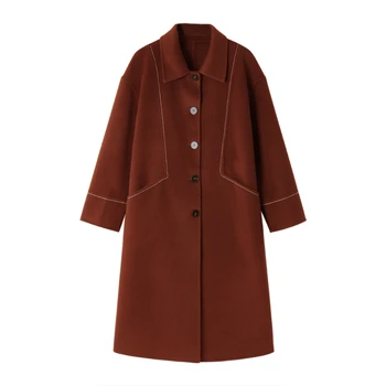 Новинка зимы 2022, двустороннее шерстяное пальто с вышивкой, рукава с открытыми плечами, длинный дизайн, шерстяное повседневное пальто с лацканами, женская куртка