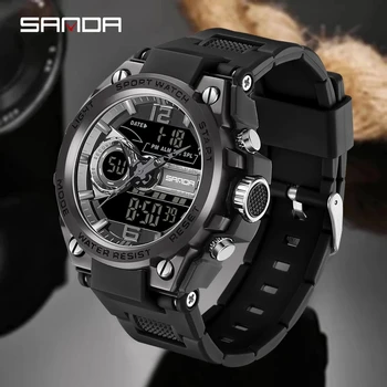 Новые Мужские часы SANDA Sport в стиле Милитари, 50 М, Водонепроницаемые Кварцевые Наручные Часы, Светодиодные Цифровые Часы для Мужчин, Relogios Masculino 6092
