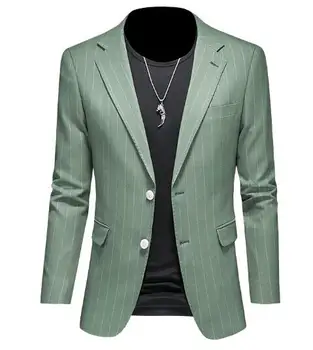 Новый стиль мужского костюма в полоску с длинным рукавом, однобортный приталенный пиджак из смесового хлопка A110