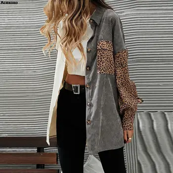 Осенне-зимний новый женский модный повседневный серый вельветовый джемпер с леопардовым рисунком и длинным рукавом, короткий топ