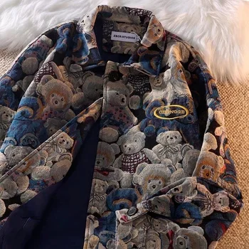 Осенне-зимняя модная повседневная куртка с лацканами и принтом милого медведя для мужчин и женщин, однобортный пиджак 2022, новая женская одежда