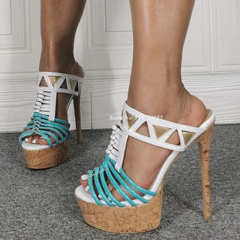 Платформа богемные деревянные зерна сандалии для женщин Большие размеры 46 банкетный туфли на высоком каблуке синий белый Лоскутная кожаная обувь для Леди