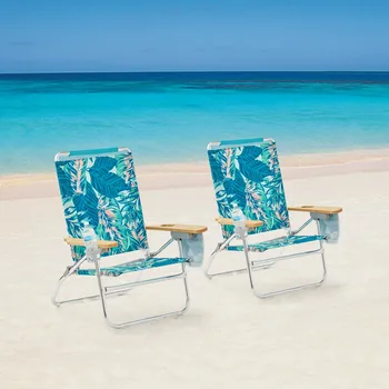 Пляжный стул комфортной высоты с откидывающейся деревянной ручкой, 2 упаковки, зеленая пальма
