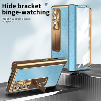 Полный Защитный Кожаный Держатель S Pen Модный Чехол для Samsung Galaxy Z Fold 5 4 fold5 Fold4 Fold 3 Fold3 Пленка Из Закаленного Стекла