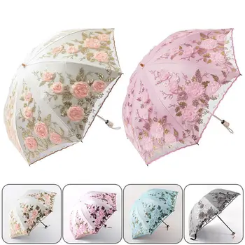 Портативный Зонт с вышитым цветком в стиле принцессы, кружевной зонтик, Черный клеевой зонтик, 3 складывания, двухслойный зонт от дождя, Защита от ультрафиолета