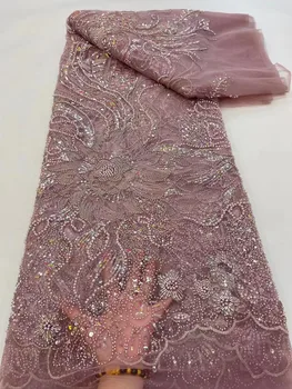 Розовая кружевная ткань в нигерийском стиле Для Свадебных платьев, Расшитое Африканское тюлевое Кружево, Расшитое бисером, блестками, Французское Сетчатое Кружево
