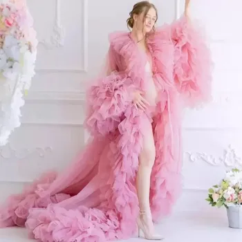 Розовое платье со звездами для фотосессии, женские халаты с высоким разрезом, с 3D цветами, Сексуальные Пушистые вечерние платья для душа Ребенка