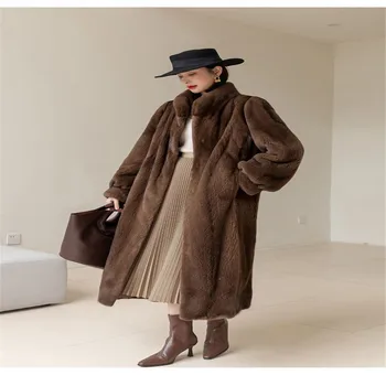 Роскошная норковая шуба, женское длинное пальто из натурального меха норки, зимнее пальто, свободное, длиной до колена