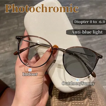 Роскошные фотохромные очки для близорукости в круглой оправе, Солнцезащитные очки с защитой от синего света, меняющие цвет, Очки по рецепту без диоптрий