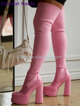 Сапоги выше колена с эластичным носком, с квадратным носком, на высоком квадратном каблуке, без застежки в стиле пэчворк, Модная Сексуальная кожаная женская обувь, зимняя