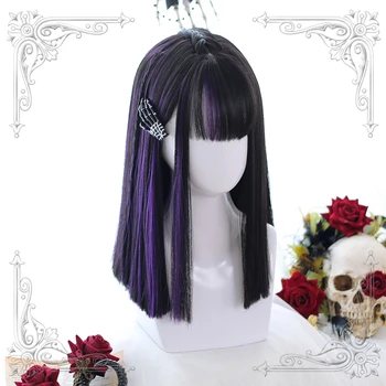 Смешанный Черный Фиолетовый Парик Лолиты Harajuku Фея Ведьма Косплей Челка Прямая Короткая Сладкая Бахрома Синтетические Волосы Для Взрослых Девочек