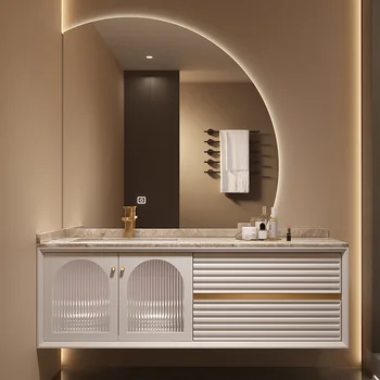 Современный роскошный шкаф для ванной комнаты с каменной плитой, Бесшовный Керамический встроенный Умывальник, комбинация умывальника для лица и ручного умывальника