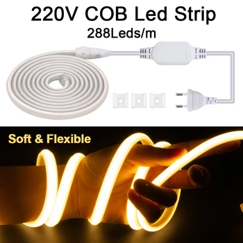 Супер Яркий COB Strip Light 220V 288 светодиодов/М Гибкая Лента Light 3000-6000 K COB Led Strip Lamp EU Plug для Домашнего Освещения Decor