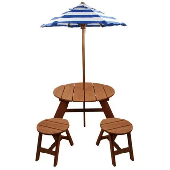 Товары для дома Детский круглый столик из коричневого дерева с зонтиком и 2 стульями