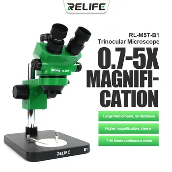 Тринокулярный микроскоп RELIFE RL-M5T-B1 с 0,7-5-кратным увеличением, Непрерывный зум в 7-50 раз, Адаптер 0,5 X CTV для ремонта мобильных телефонов