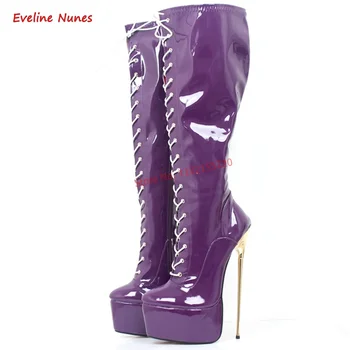 Фиолетовые сапоги на металлической шпильке, Женская обувь из лакированной кожи на каблуке 22 см с острым носком, Модная обувь на молнии сбоку, 36-46, Большие размеры