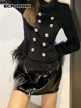 Черное Элегантное женское пальто из перьев в стиле пэчворк ECRURANI, повседневная однотонная куртка с воротником-стойкой и длинным рукавом, Женская осенняя одежда 2021 года