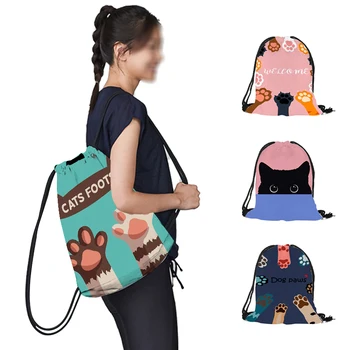 Школьные рюкзаки с рисунком Кошачьей лапы и черных кошек, сумка на шнурке для девочек, Женский рюкзак для путешествий