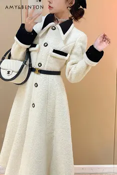 Элегантное женское зимнее пальто из меха и кожи из белой овечьей шерсти, новое плотное шерстяное пальто средней длины с длинным рукавом High Sense